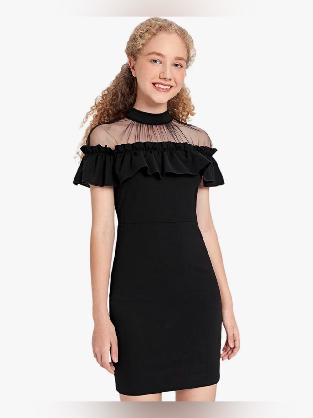 Amazon Black Mesh Illusion Mock Neck Ruffle Party Dress Girls 11-12